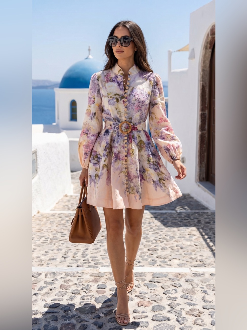 Floral Puff-Sleeve Mini Dress in Pastel Pink small